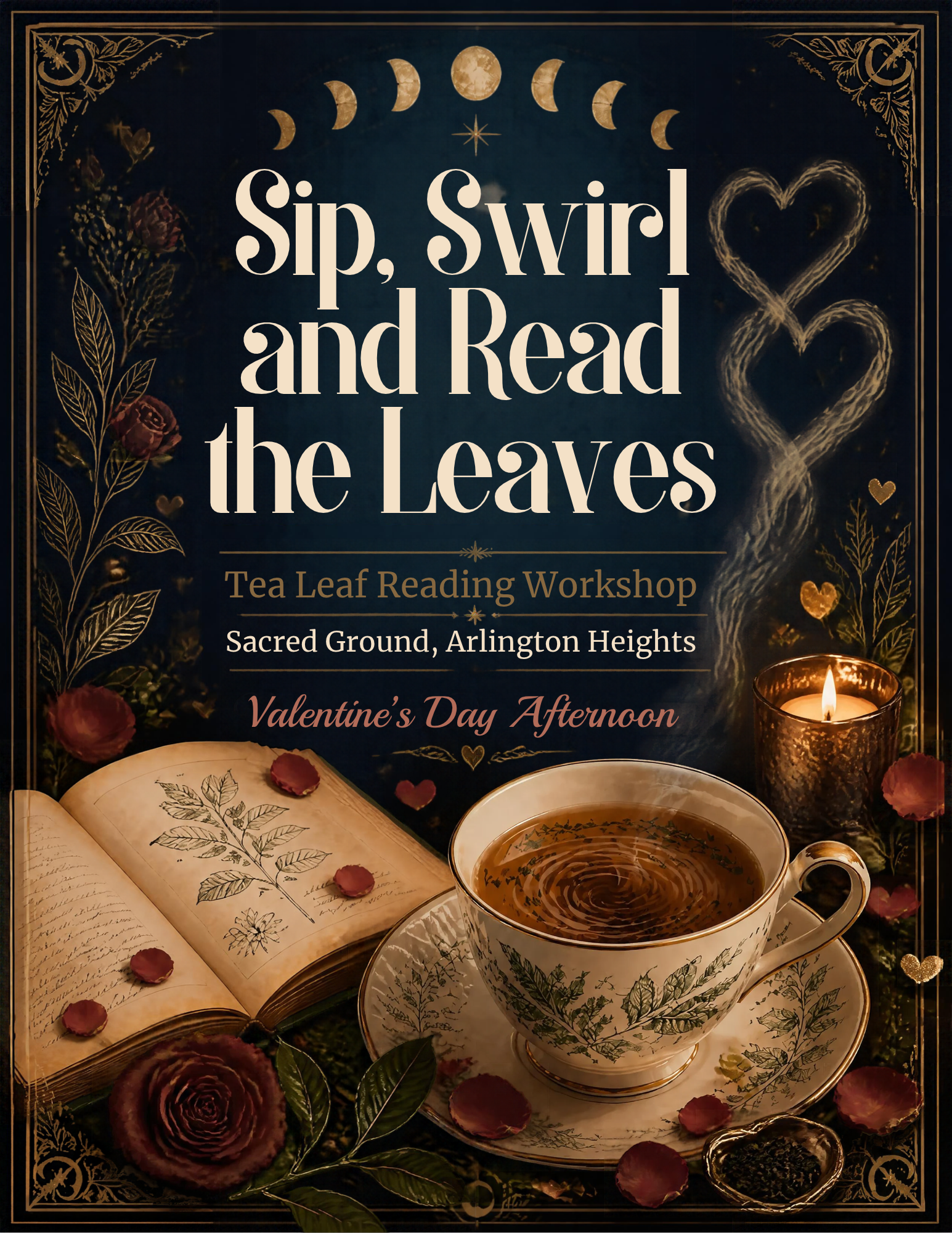 A vintage-style poster advertises a tea leaf reading workshop with a cup of tea, flowers, and a book.