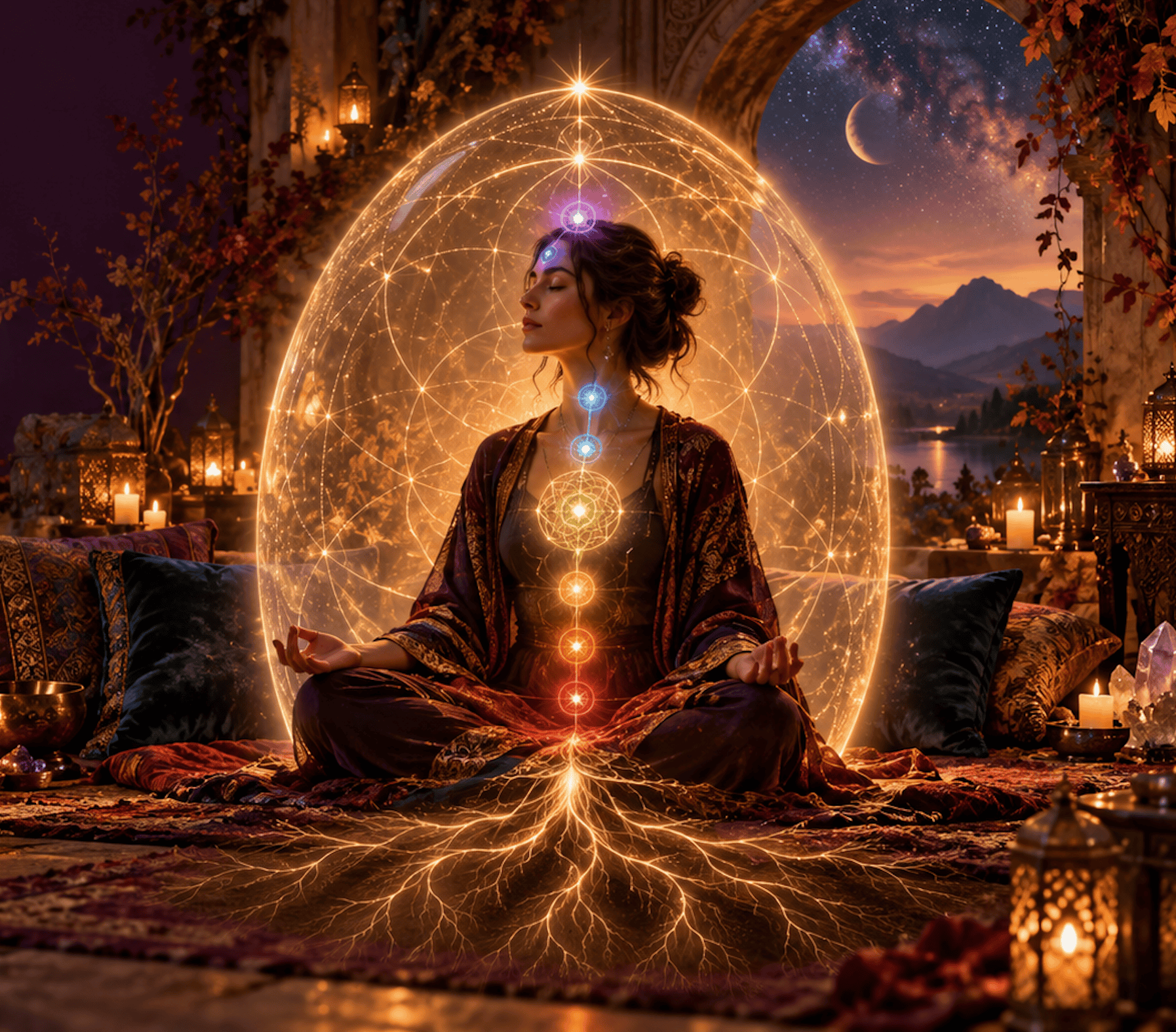 A woman meditates in a mystical setting, surrounded by a glowing energy field and celestial imagery.