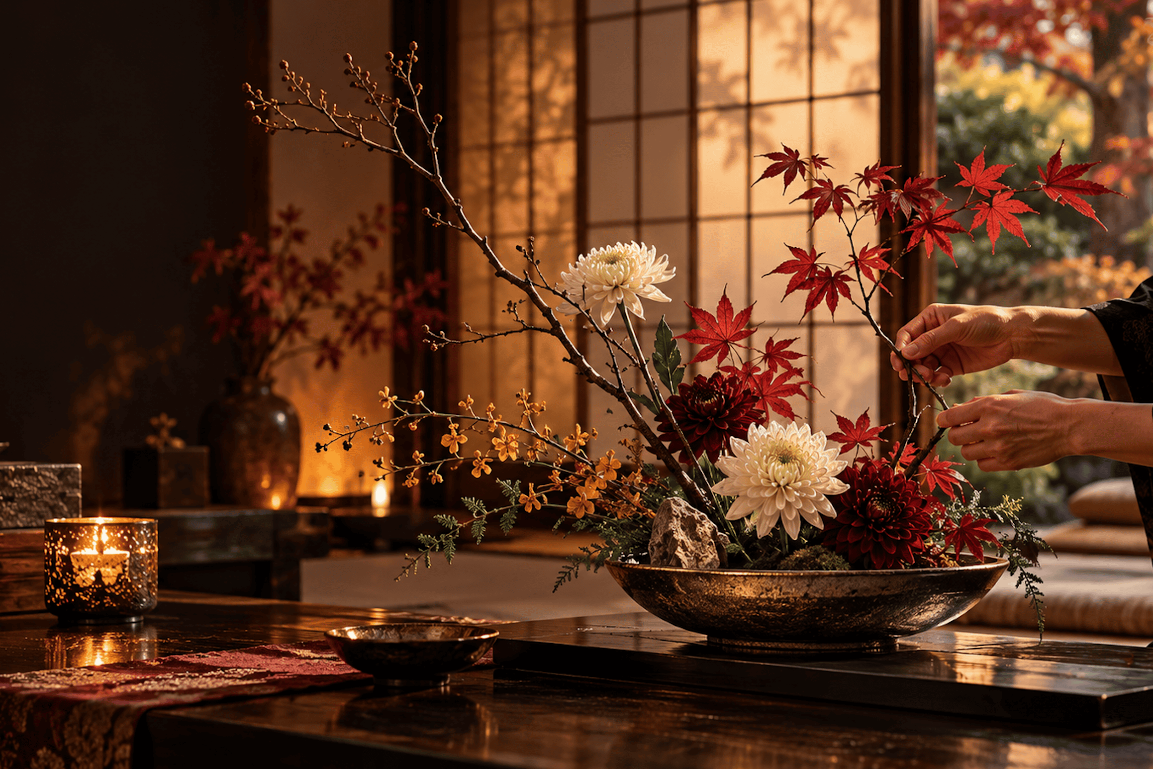 Hands carefully arranging red maple leaves and white chrysanthemums in a decorative bowl.