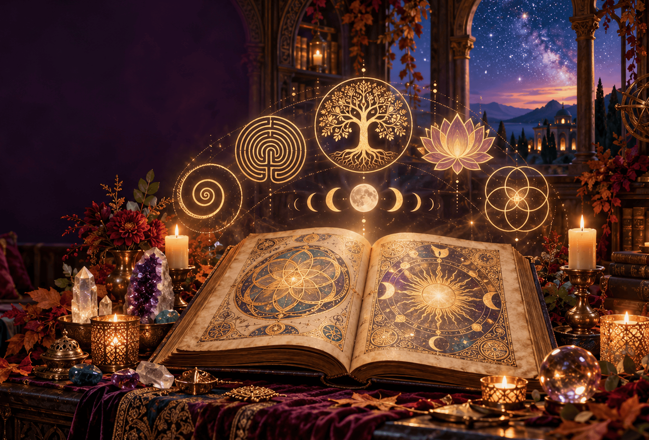 An open book displays intricate magical symbols and celestial imagery, evoking a sense of ancient wisdom.