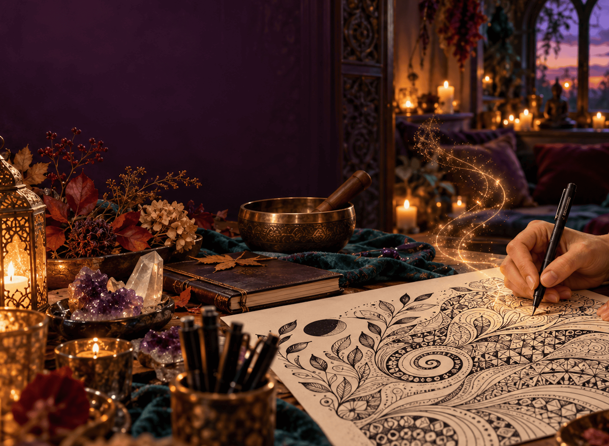 A person is drawing a detailed mandala on paper amidst candles and mystical elements.