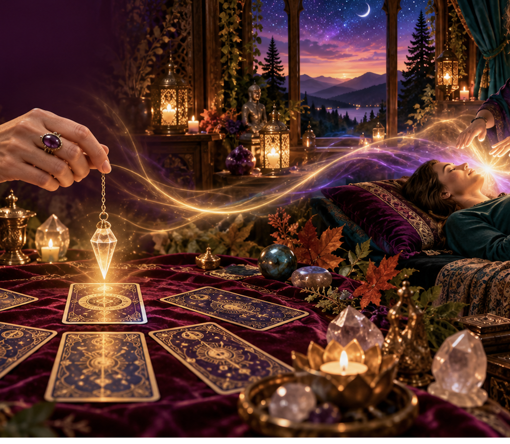 A woman lies down while a person performs a divination ritual with a pendulum and candles.