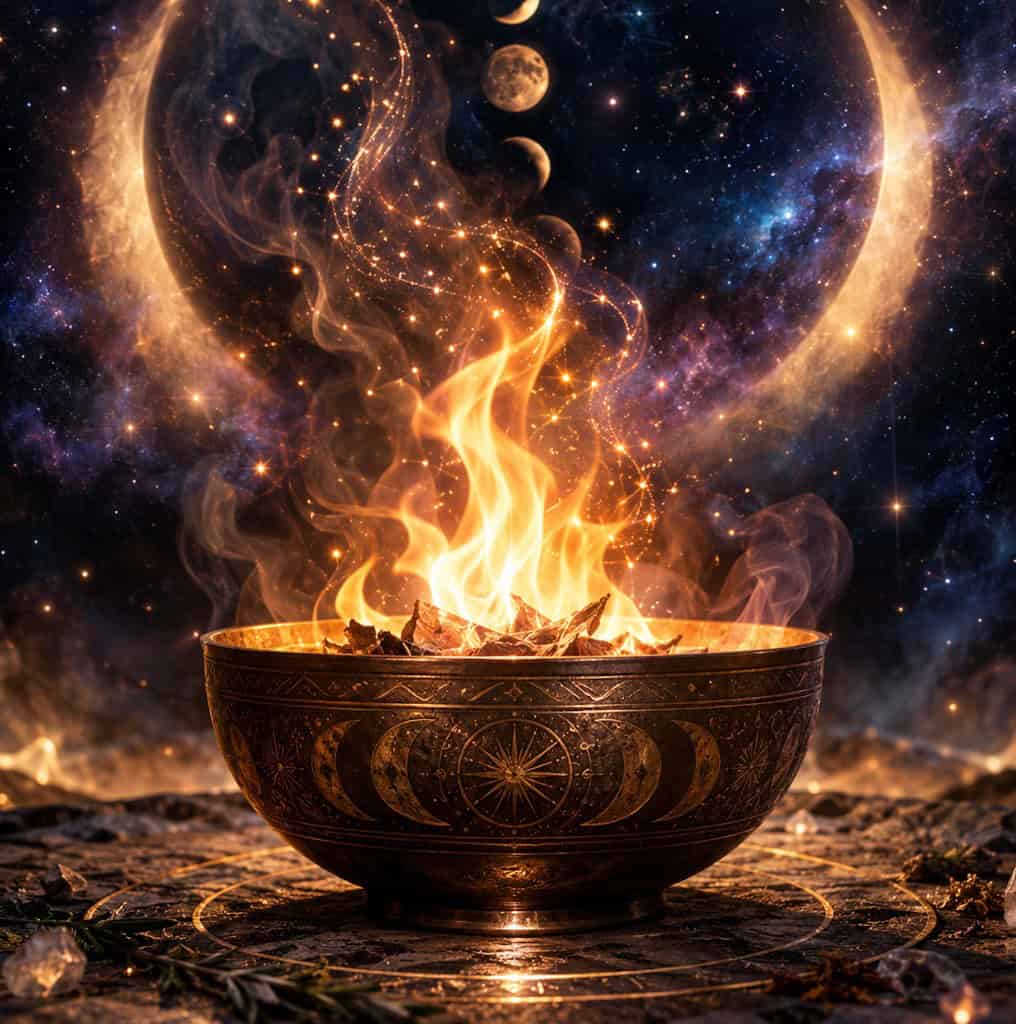 A brass bowl of fire under a crescent moon and starry sky, for the New Year Burning Bowl Ceremony