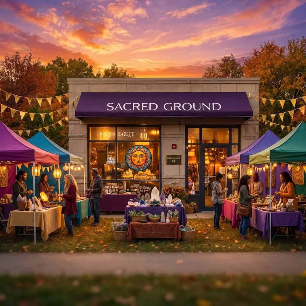 ORIGINAL cinematic photograph, square 1:1. Cosmic Sacred Ground: the REAL shop from the reference has landed in the middle of a jewel-toned Saturday Holistic Fair. LOCK the facade to the reference: tan stone architecture, deep eggplant-purple awning, white SACRED GROUND lettering with a blank gap between the two words and NO swoosh, warm shop windows, circular folk-art sun-face in the glass. Do not invent a different building. Fair energy around the real shop: colorful vendor tents, crystal tables, lanterns, gold pennant strings, neighbors browsing, autumn meadow and amber-violet sky. Photoreal, vivid, colorful, shop-made. NO painted letters, NO dates, NO prices, NO Holistic Fair words on the photo, NO zodiac glyphs, NO Virgo, NO Libra, NO Death tarot, NO generic mystic AI sludge, NO singing-bowl collage, NO glowing healing hands as the hero, NO Flower of Life wallpaper. Leave the lower 15 percent quieter for a later cream footer. Small gold Chicagoland #1 plaque on the real stone.