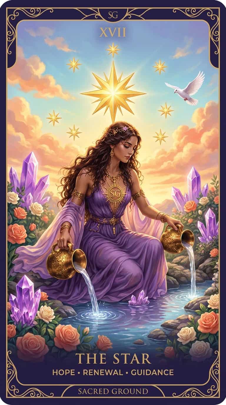 Sacred Ground Tarot THE STAR, Roman numeral XVII. ACTOR LOCK the Moon Star woman — SAME regal adult kneeling at water, pouring, not a Barbie, not a teenager. Eight small stars plus one large star. BRIGHT Fool colors: luminous gold, coral, violet daylight-twilight. LAYOUT: top empty except small gold SG and XVII. All text BOTTOM: THE STAR / HOPE · RENEWAL · GUIDANCE / SACRED GROUND. No children. No giant sun-face. High resolution print illustration.