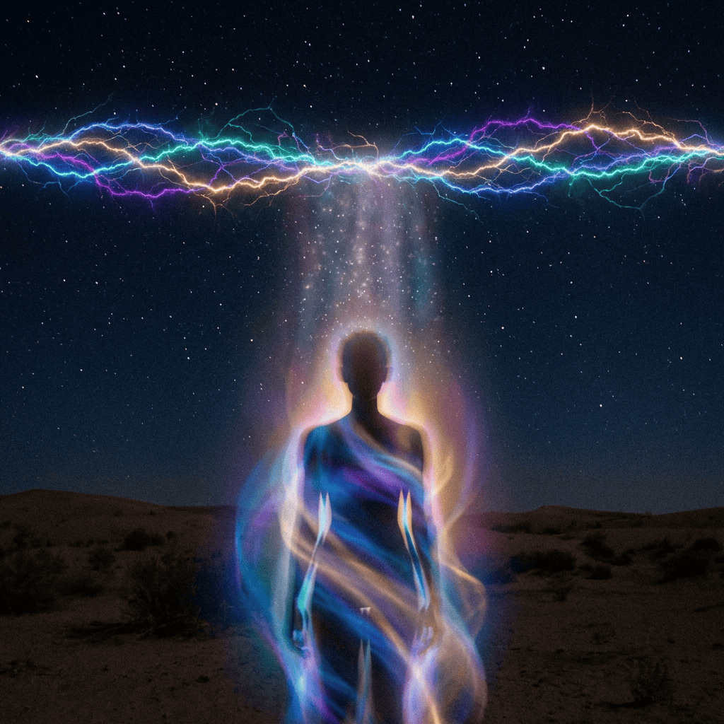 a black womans etheric body (standing under the stars), its joyful feeling, not shrouded , mystical photo,  a horizontal band of wavey electrical light energy above their head coming down through the top of the head, receiving messages from the band of light above their head. no face people, no faces, no words, colorful,