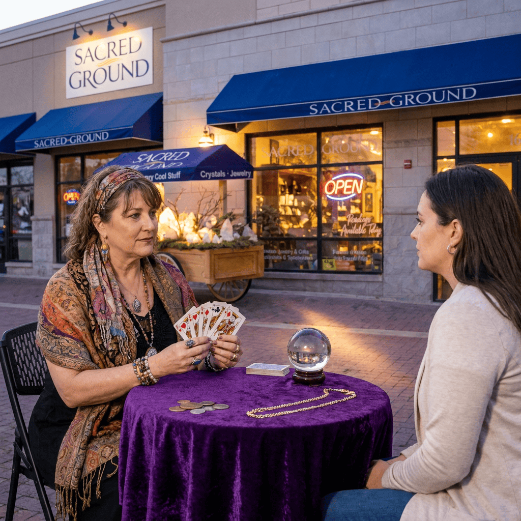 image of a card reading going on at sacred ground