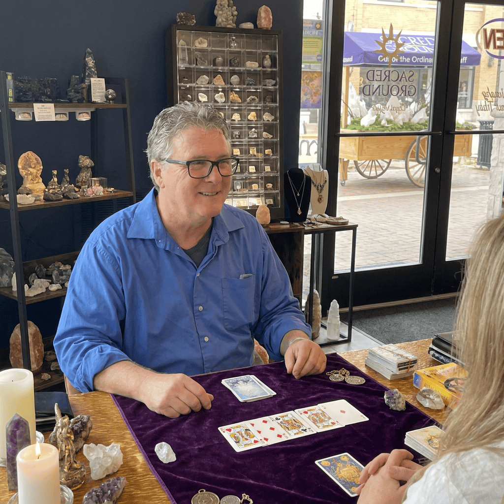 image of a card reading going on at sacred ground