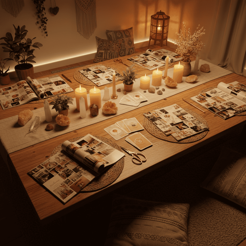 A cozy, softly lit vision board class setting with no people present. A large wooden table filled...