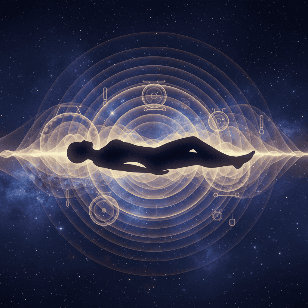 A reclining human silhouette partially visible from the shoulders down, bathed in concentric wave...