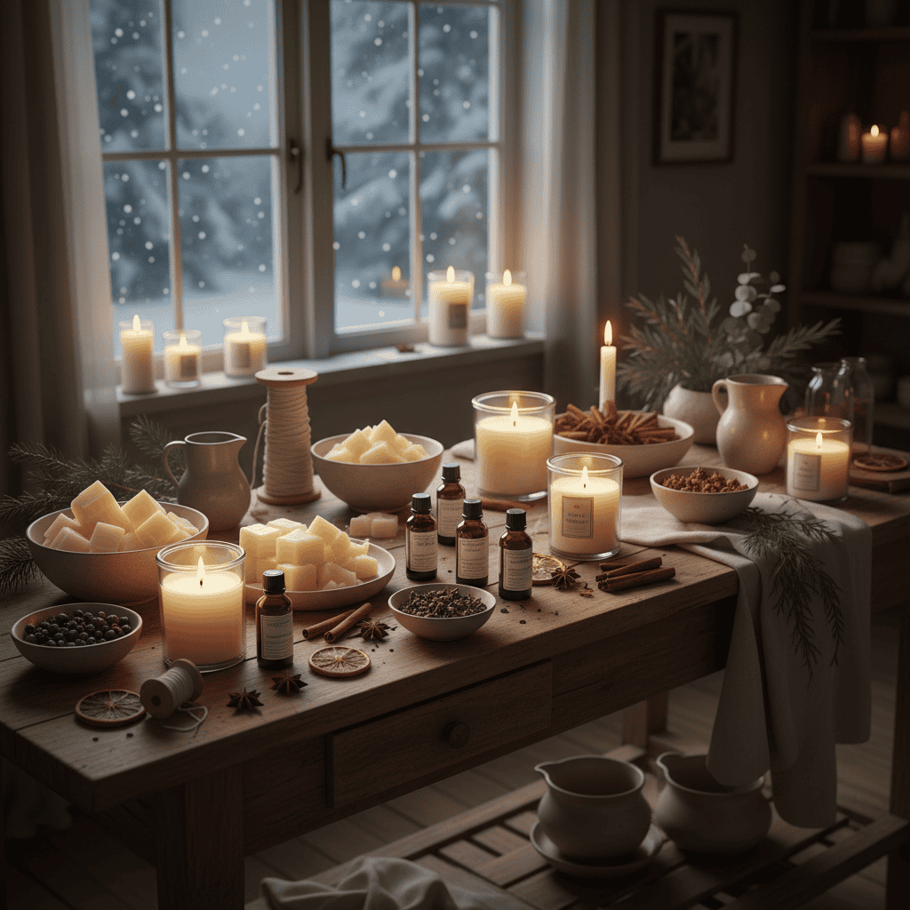 A warm, cozy winter candle-making class setting with no people present. A wooden worktable set wi...