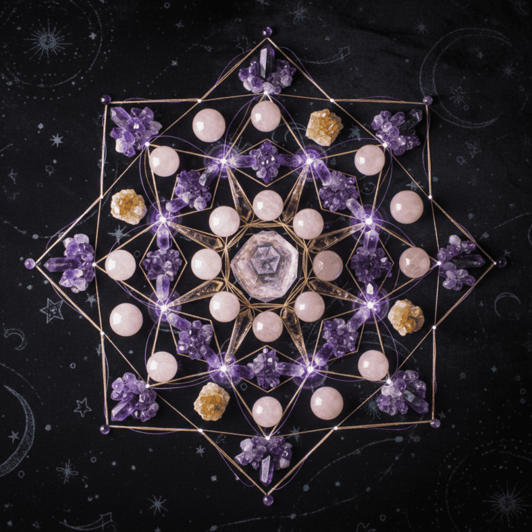 An overhead view of a perfectly arranged crystal grid with clear quartz, amethyst, rose quartz, a...