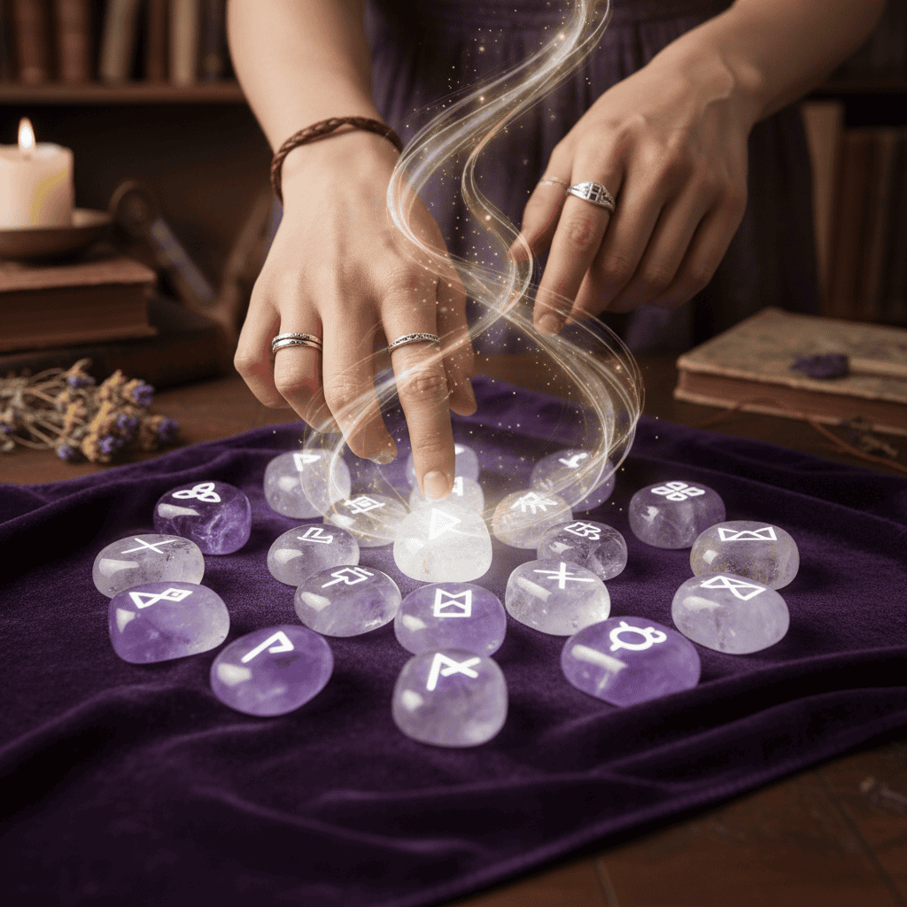 Array of mystical oracle stones arranged in sacred circle for divination reading, tumbled crystal...