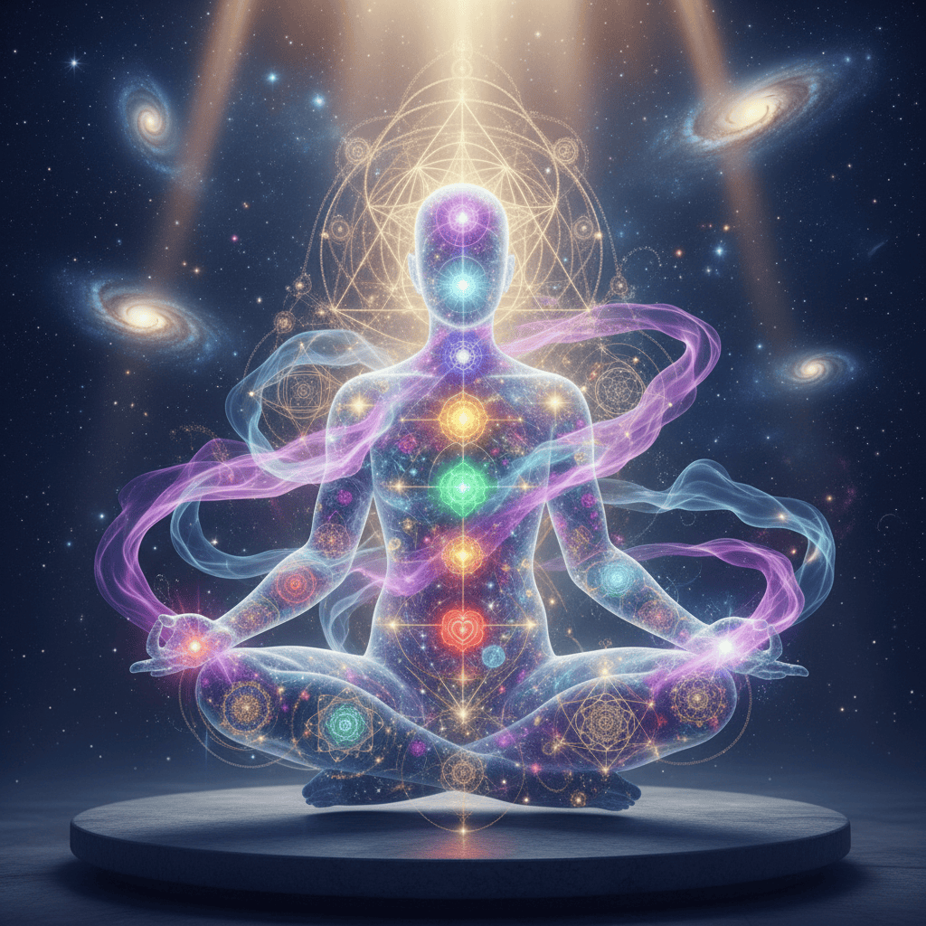 Astral projection energy healing scene, luminous human silhouette with glowing chakras, purple an...
