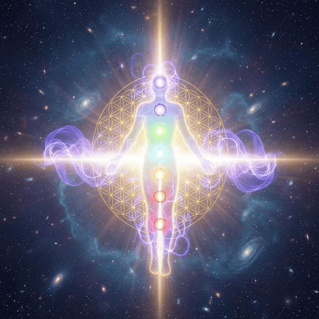 Astral projection energy healing, luminous translucent human silhouette with seven glowing rainbo...