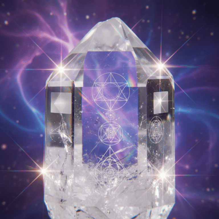 Beautiful clear quartz crystal with visible window formations and time link features, light refra...