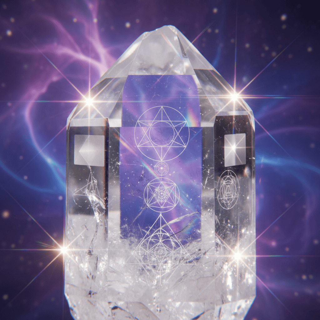 Beautiful clear quartz crystal with visible window formations and time link features, light refra...