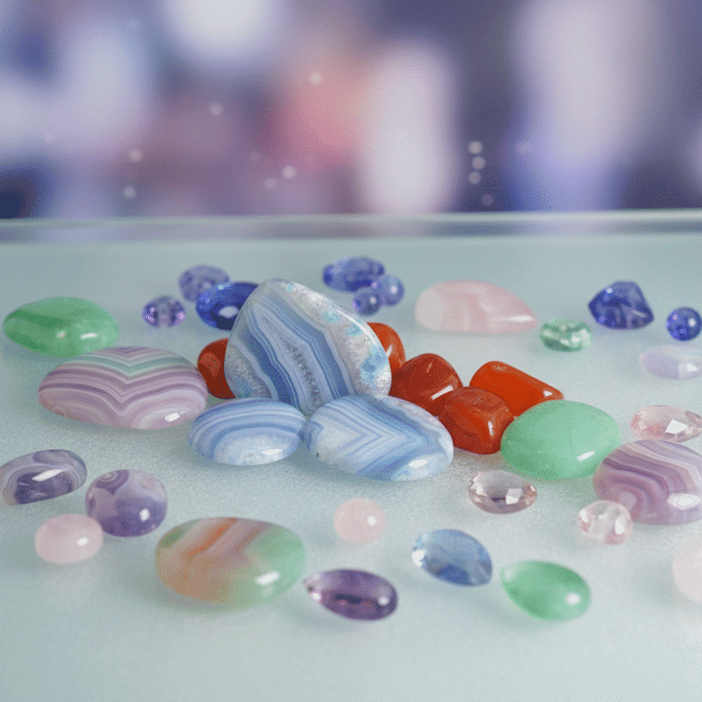 Beautiful collection of chalcedony gemstone varieties - blue lace agate, carnelian, chrysoprase, ...