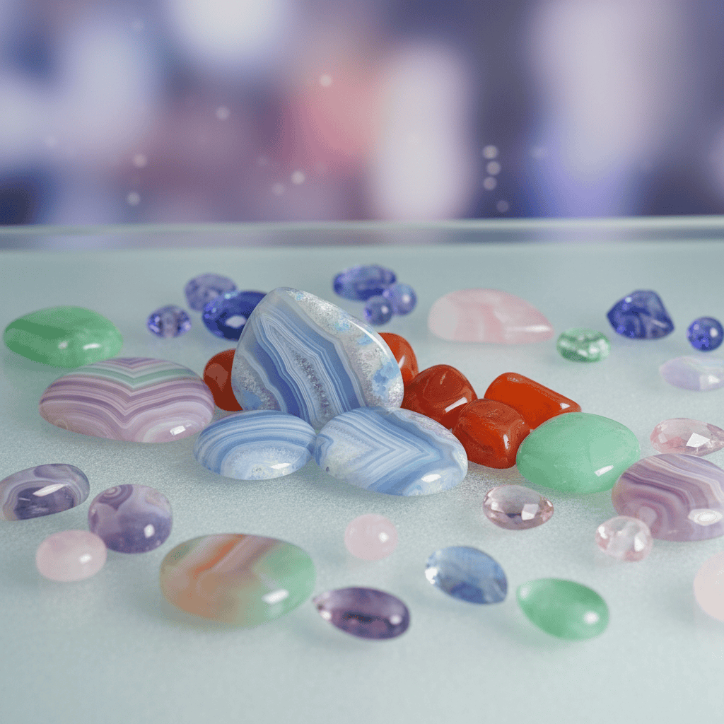 Beautiful collection of chalcedony gemstone varieties - blue lace agate, carnelian, chrysoprase, ...
