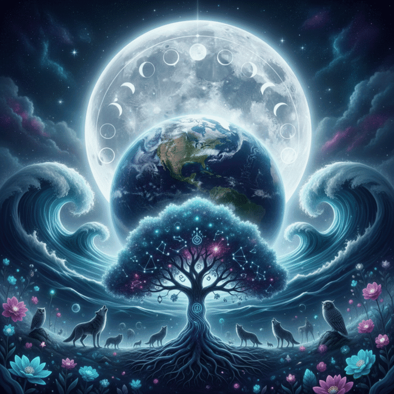 Beautiful full moon over earth showing lunar influence on life, ocean tides responding to moon, m...