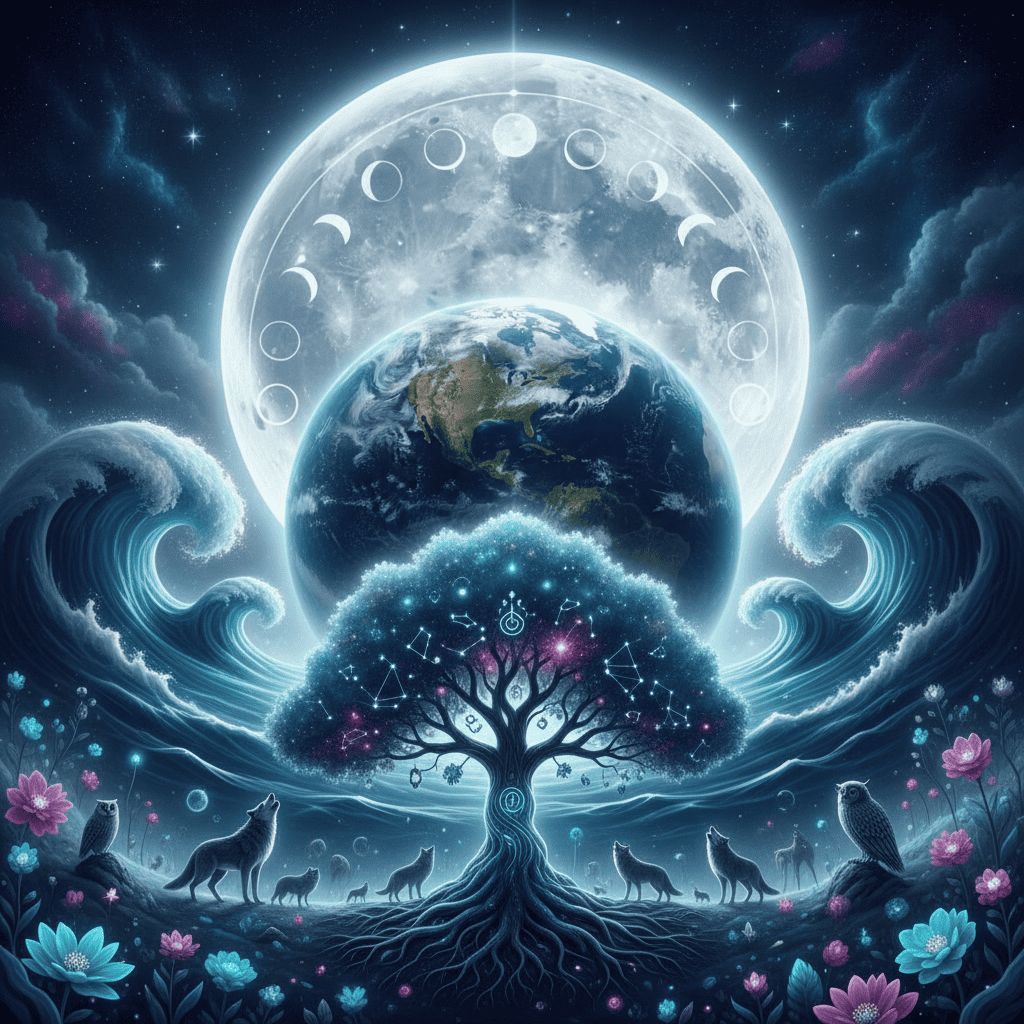 Beautiful full moon over earth showing lunar influence on life, ocean tides responding to moon, m...