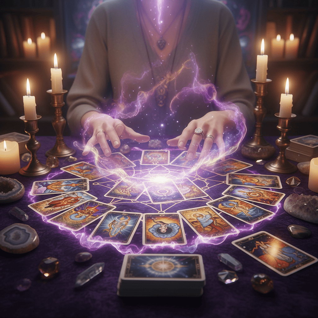 Mystical tarot and oracle card spread on an ethereal table in Arlington Heights