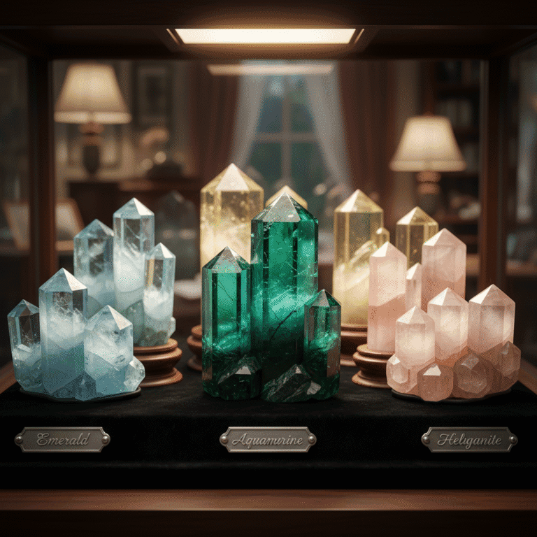 Beryl gemstone family collection - emerald aquamarine morganite heliodor in various colors, hexag...