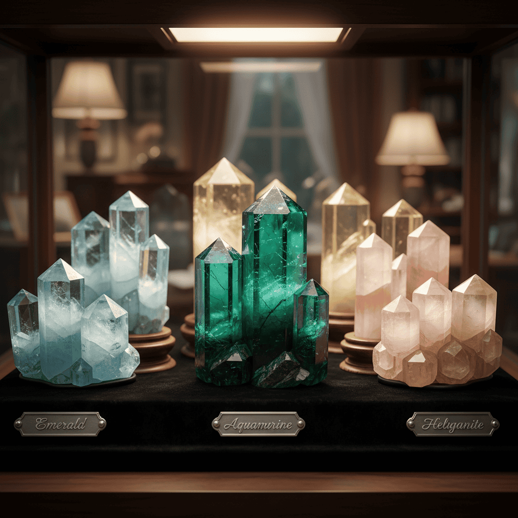 Beryl gemstone family collection - emerald aquamarine morganite heliodor in various colors, hexag...