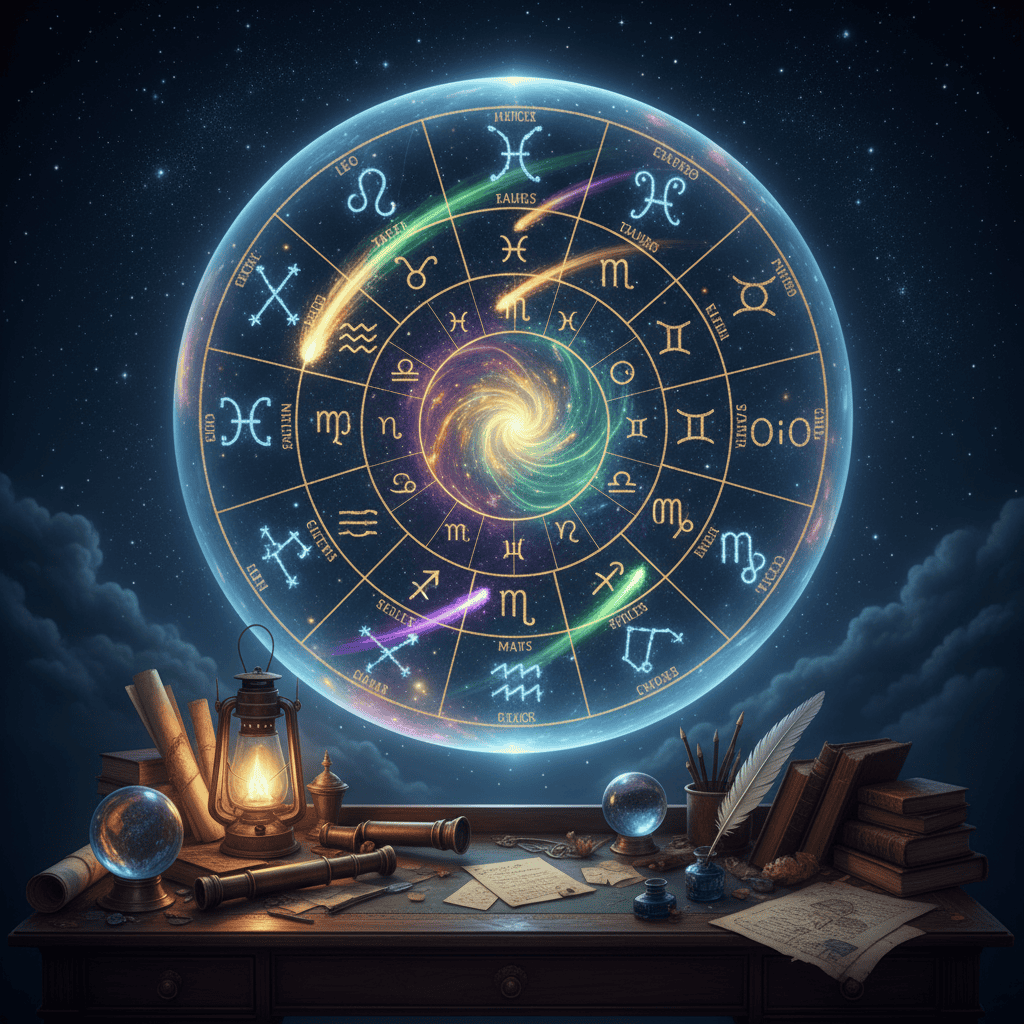 Celestial astrology chart with zodiac constellations glowing in night sky, planetary alignments, ...