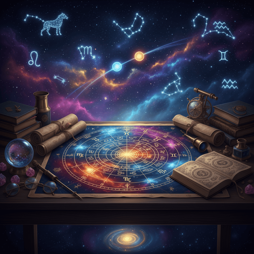 Celestial astrology chart with zodiac constellations glowing in night sky, planetary alignments, ...
