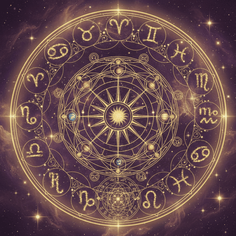 Celestial astrology mandala with intricate zodiac constellation symbols arranged in circle, cosmi...