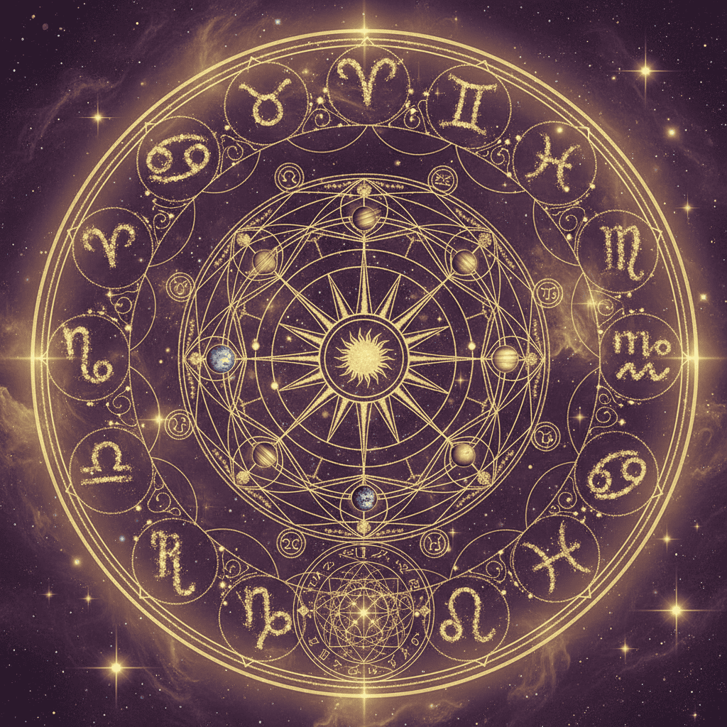 Celestial astrology mandala with intricate zodiac constellation symbols arranged in circle, cosmi...