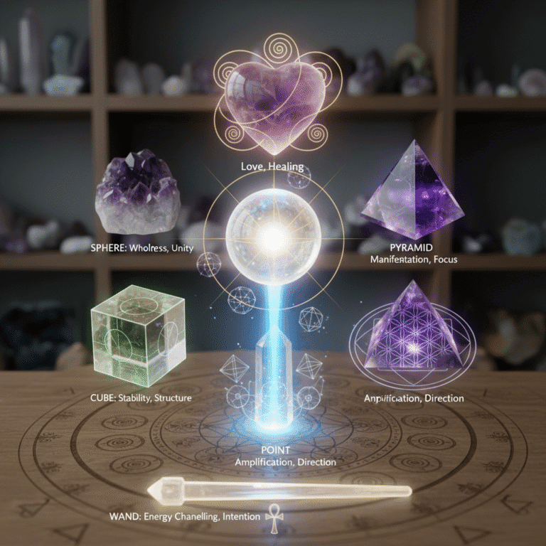Collection of crystal shapes displayed beautifully - sphere, pyramid, point, cube, heart, wand ar...