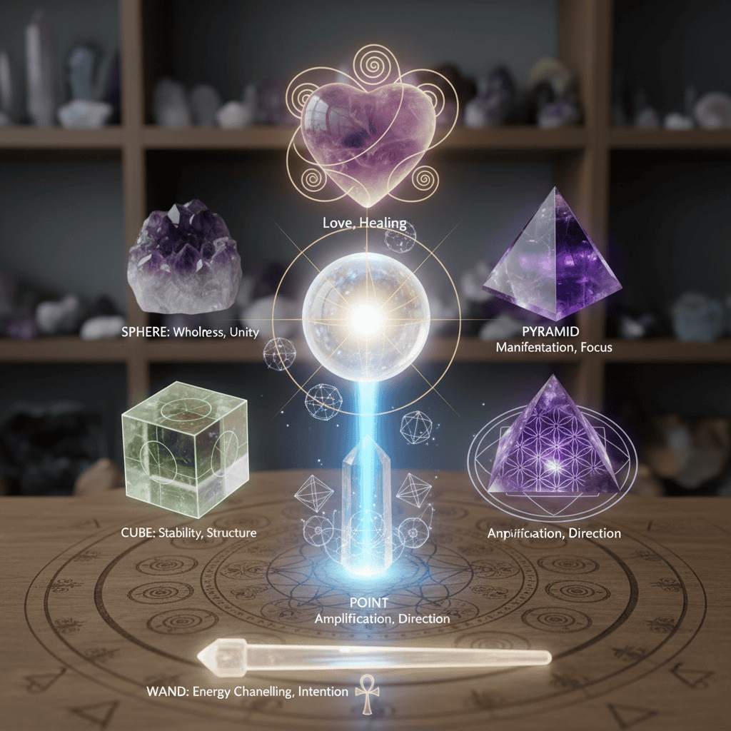 Collection of crystal shapes displayed beautifully - sphere, pyramid, point, cube, heart, wand ar...