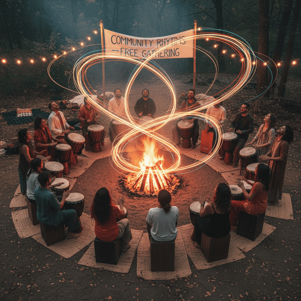 Community drumming circle with various drums arranged in circle formation, tribal rhythms visuali...