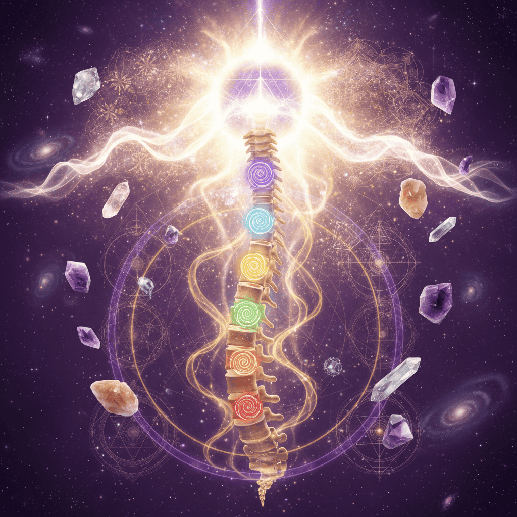 Cranial sacral therapy energy visualization showing chakra system, spine energy flow, sacred geom...