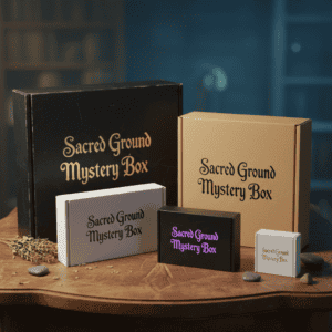 "Create a high-resolution photograph of five mystical mystery boxes, each with a unique size ran...