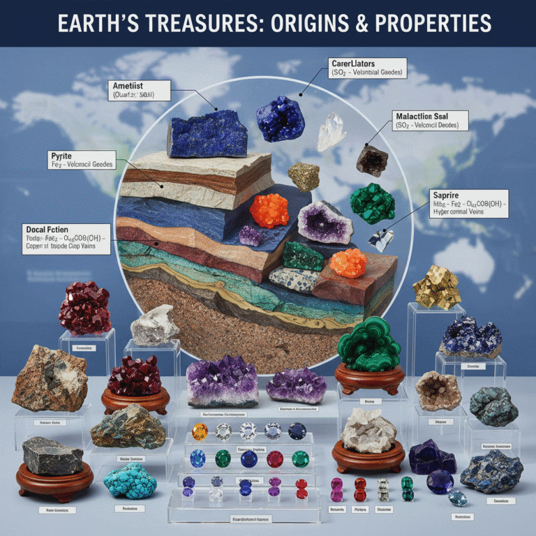 Diverse collection of earth minerals showing origins and properties - various colored crystals ge...