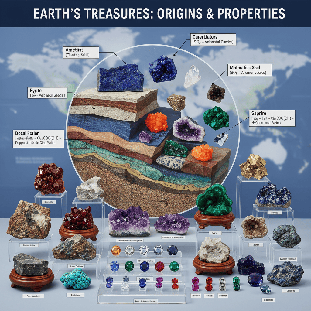 Diverse collection of earth minerals showing origins and properties - various colored crystals ge...