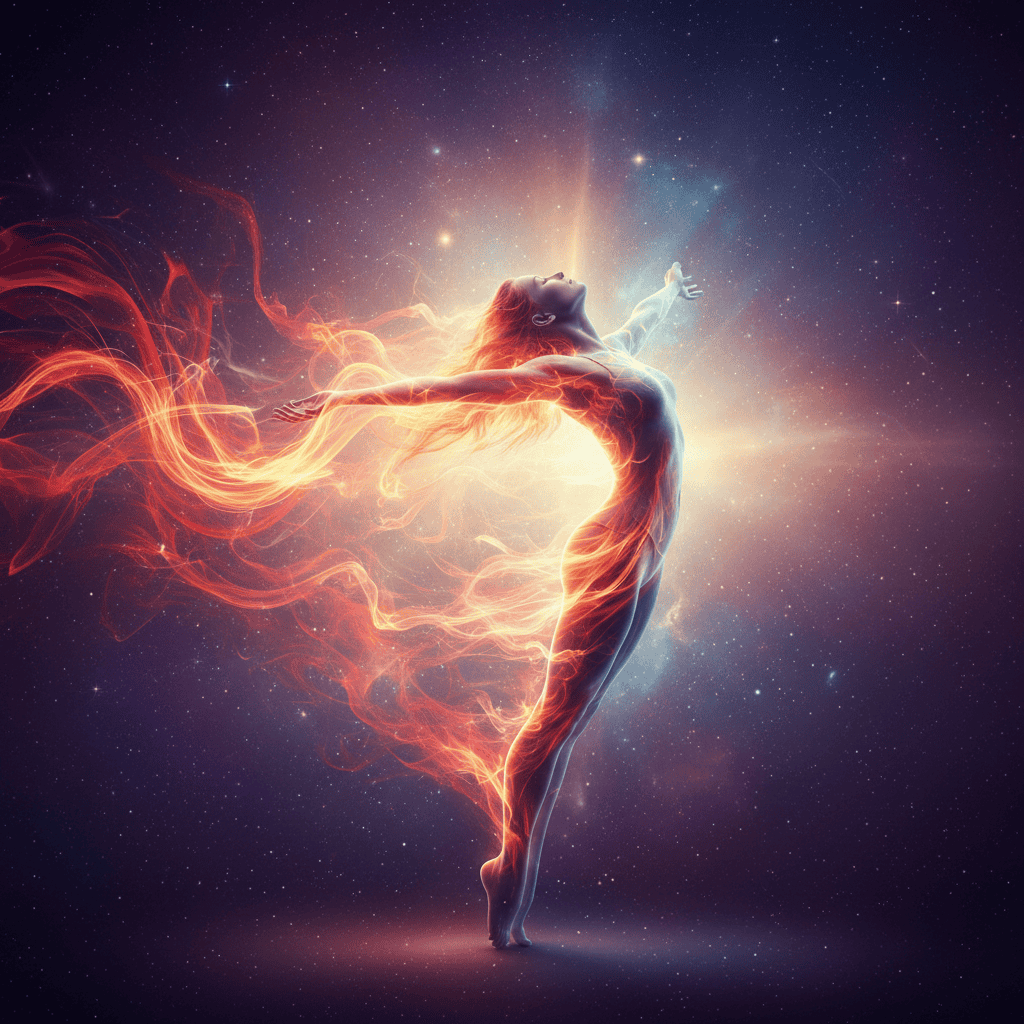 Flowing energy waves and somatic healing movement, human figure releasing trapped emotions throug...