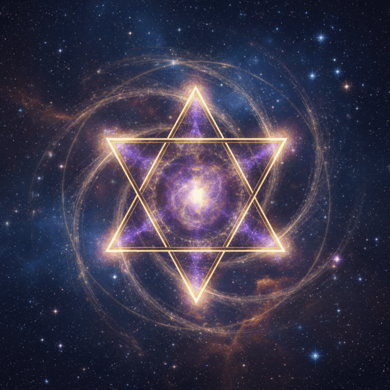 Glowing three-dimensional Merkaba sacred geometry symbol - star tetrahedron with intersecting tri...