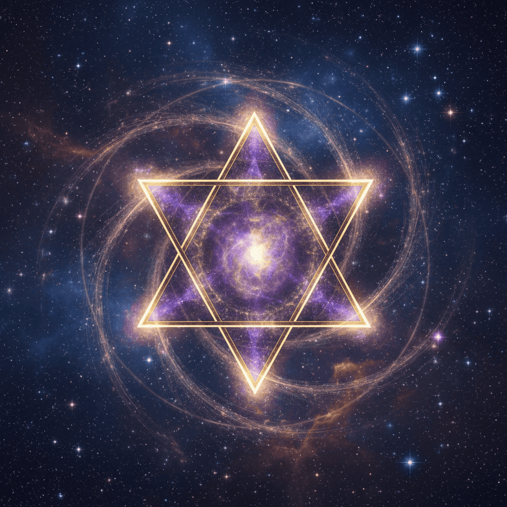 Glowing three-dimensional Merkaba sacred geometry symbol - star tetrahedron with intersecting tri...