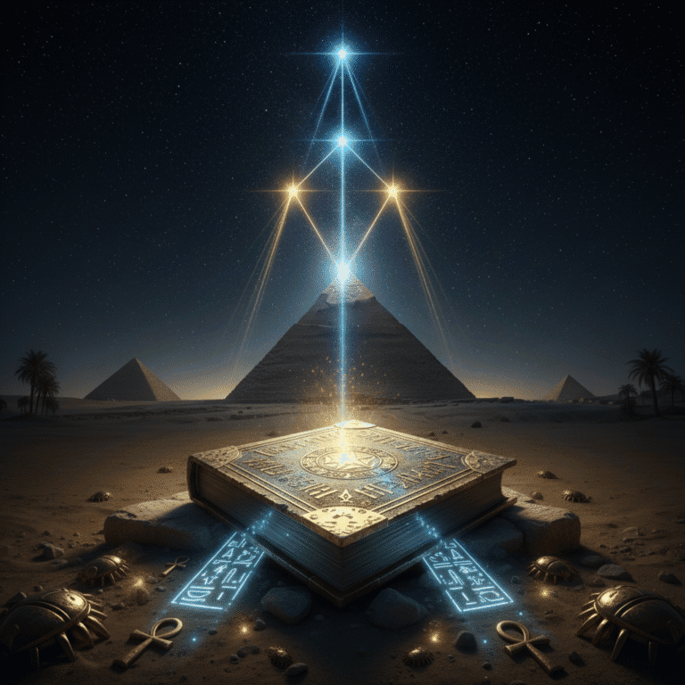 Great Pyramid of Giza aligned with Orions Belt constellation in night sky, ancient Egyptian sacre...