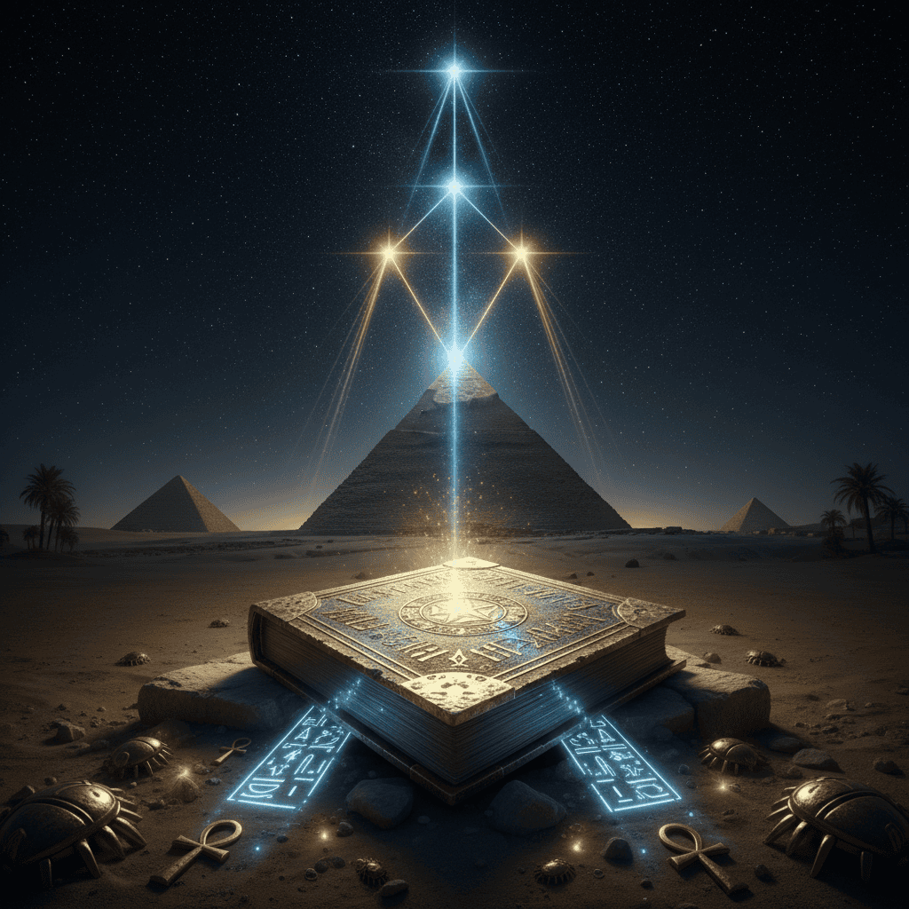 Great Pyramid of Giza aligned with Orions Belt constellation in night sky, ancient Egyptian sacre...