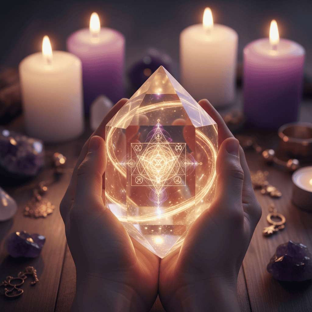 Hands holding a clear quartz crystal with glowing golden energy flowing from palms into the cryst...