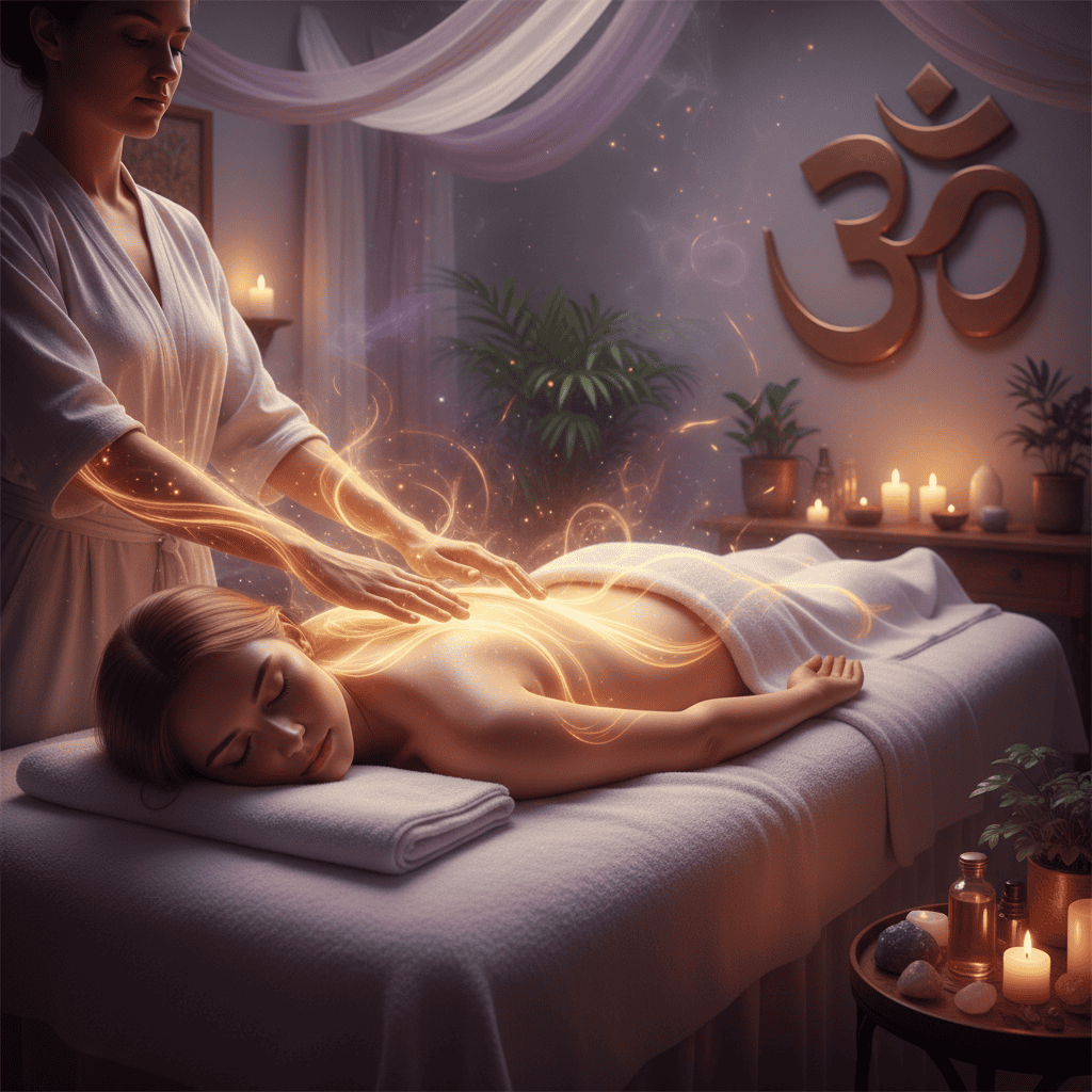 Healing hands with golden energy flowing over body, somatic bodywork and energy healing combined,...