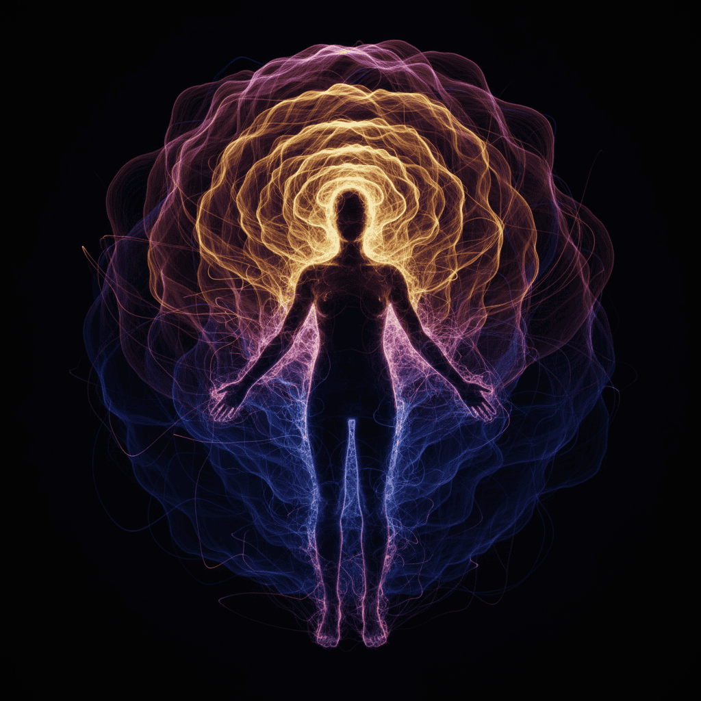 Human silhouette surrounded by colorful glowing aura layers, electromagnetic energy field visuali...