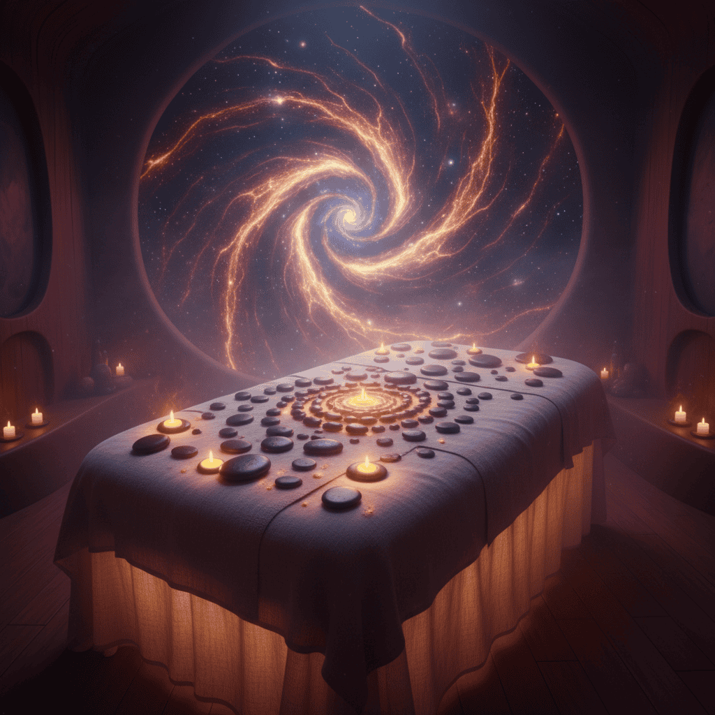 Inner Knowing Portal

cosmic, A warm, softly lit massage table draped in natural linen, smooth ri...