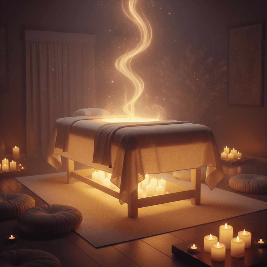 Inner Knowing Portal

cosmic, A warm, softly lit massage table draped in natural linen, smooth ri...