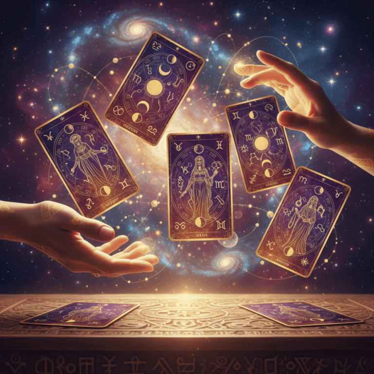 Intuitive tarot cards floating with cosmic background of stars and galaxies, teaching moment with...